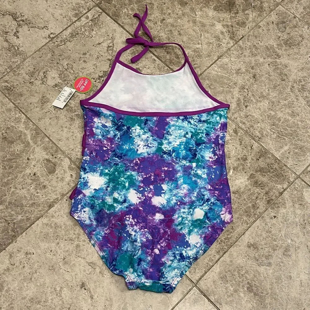 The Children’s Place Purple Ruffle Tie Dye One Piece Halter Swimsuit NEW Large